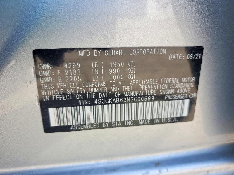 2022 Subaru Impreza მანქანა იყიდება აუქციონზე, vin: 4S3GKAB62N3600699, აუქციონის ნომერი: 55434266