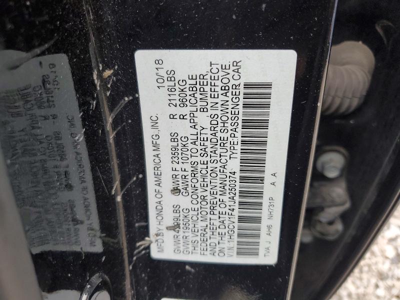 Продаж на аукціоні авто 2018 Honda Accord, vin: 1HGCV1F41JA250374, номер лоту: 56231516
