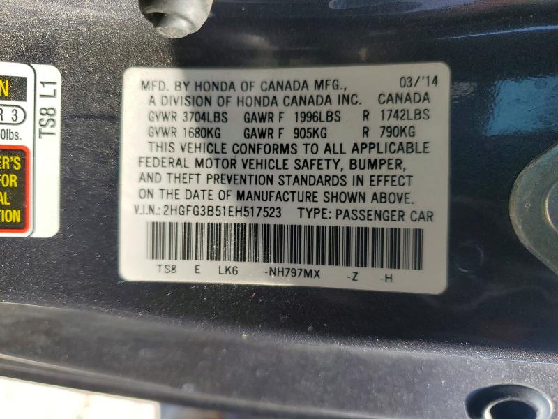 Продажа на аукционе авто 2014 Honda Civic, vin: 2HGFG3B51EH517523, номер лота: 57547406