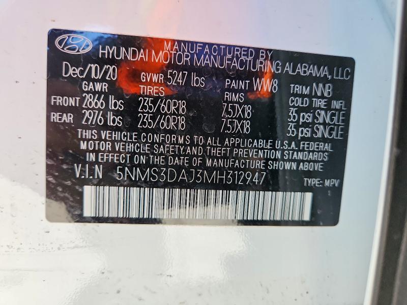 Продажа на аукционе авто 2021 Hyundai Santa Fe, vin: 5NMS3DAJ3MH312947, номер лота: 57704456