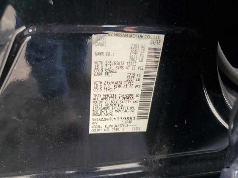 55544546 :رقم المزاد ، 5N1AZ2MH8JN139881 vin ، 2018 Nissan Murano مزاد بيع