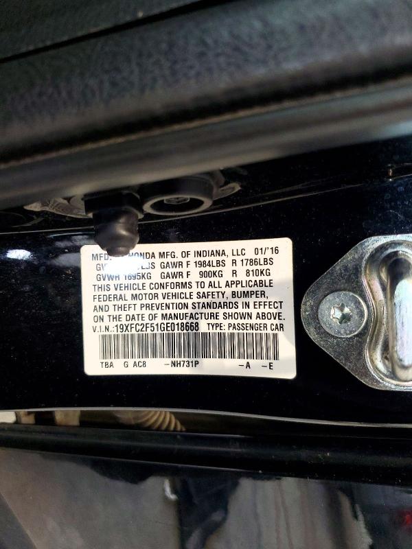 58730186 :رقم المزاد ، 19XFC2F51GE018668 vin ، 2016 Honda Civic مزاد بيع