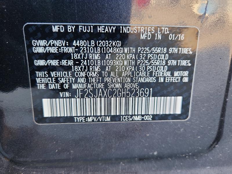 2016 Subaru Forester მანქანა იყიდება აუქციონზე, vin: JF2SJAXC2GH523691, აუქციონის ნომერი: 55802716