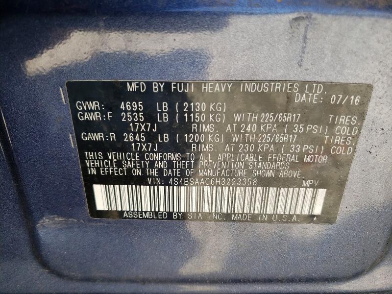2017 Subaru Outback მანქანა იყიდება აუქციონზე, vin: 4S4BSAAC6H3223358, აუქციონის ნომერი: 59154656