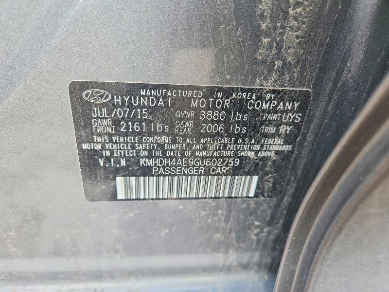 2016 Hyundai Elantra მანქანა იყიდება აუქციონზე, vin: KMHDH4AE9GU602759, აუქციონის ნომერი: 56161746