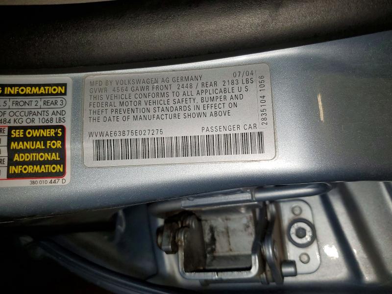 2005 Volkswagen Passat მანქანა იყიდება აუქციონზე, vin: WVWAE63B75E027275, აუქციონის ნომერი: 59063196