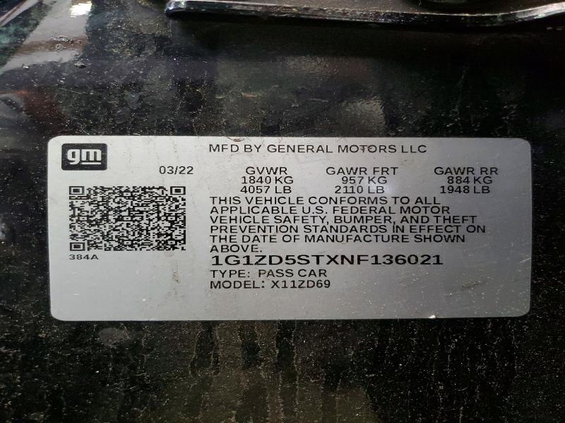 57186956 :رقم المزاد ، 1G1ZD5STXNF136021 vin ، 2022 Chevrolet Malibu مزاد بيع