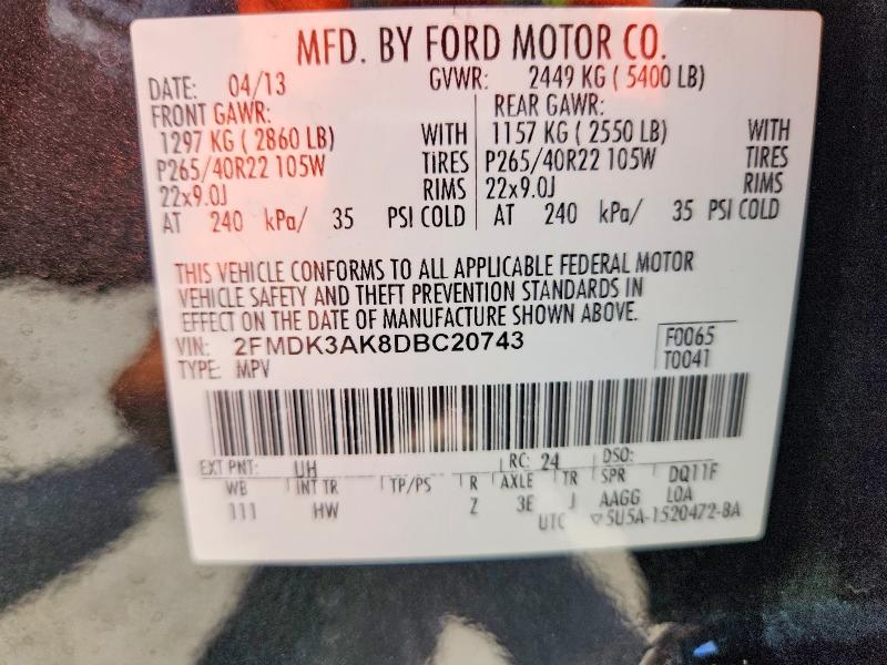 Продажа на аукционе авто 2013 Ford Edge, vin: 2FMDK3AK8DBC20743, номер лота: 85461675