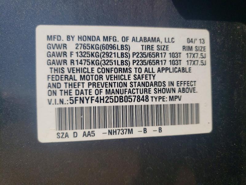 55800086 :رقم المزاد ، 5FNYF4H25DB057848 vin ، 2013 Honda Pilot مزاد بيع