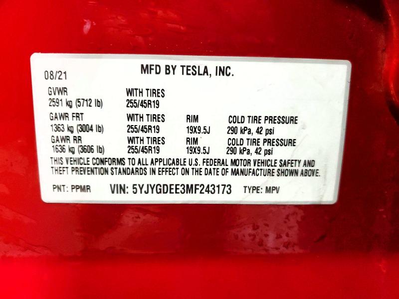 56820766 :رقم المزاد ، 5YJYGDEE3MF243173 vin ، 2021 Tesla Model Y مزاد بيع