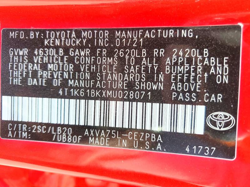 Продажа на аукционе авто 2021 Toyota Camry, vin: 4T1K61BKXMU028071, номер лота: 85995245