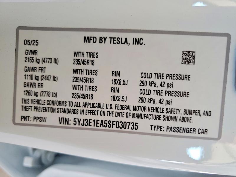 Aukcja sprzedaży 2025 Tesla Model 3, vin: 5YJ3E1EA5SF030735, numer aukcji: 57188246