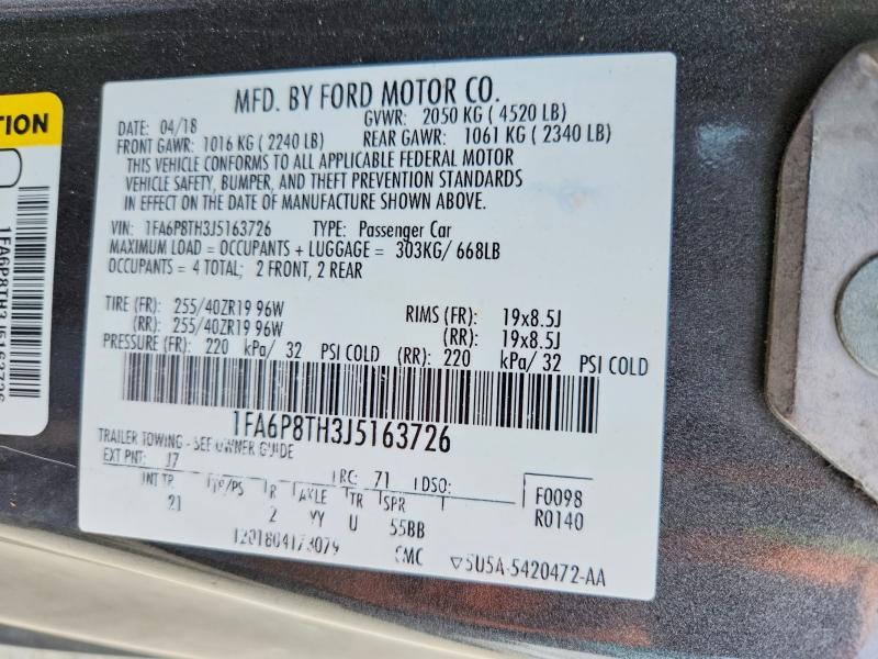 57526476 :رقم المزاد ، 1FA6P8TH3J5163726 vin ، 2018 Ford Mustang مزاد بيع