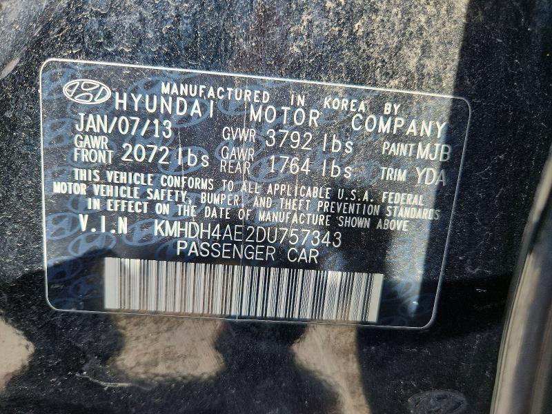 2013 Hyundai Elantra მანქანა იყიდება აუქციონზე, vin: KMHDH4AE2DU757343, აუქციონის ნომერი: 58765616