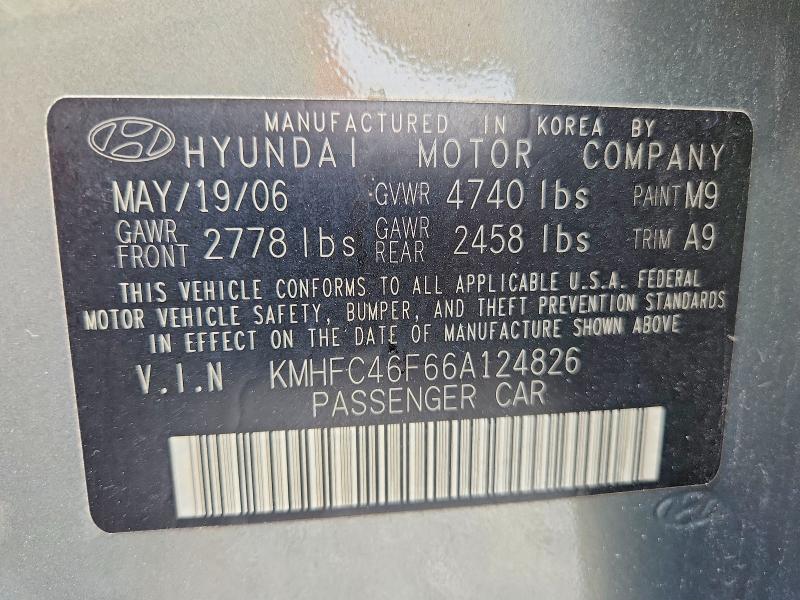 2006 Hyundai Azera მანქანა იყიდება აუქციონზე, vin: KMHFC46F66A124826, აუქციონის ნომერი: 55313636