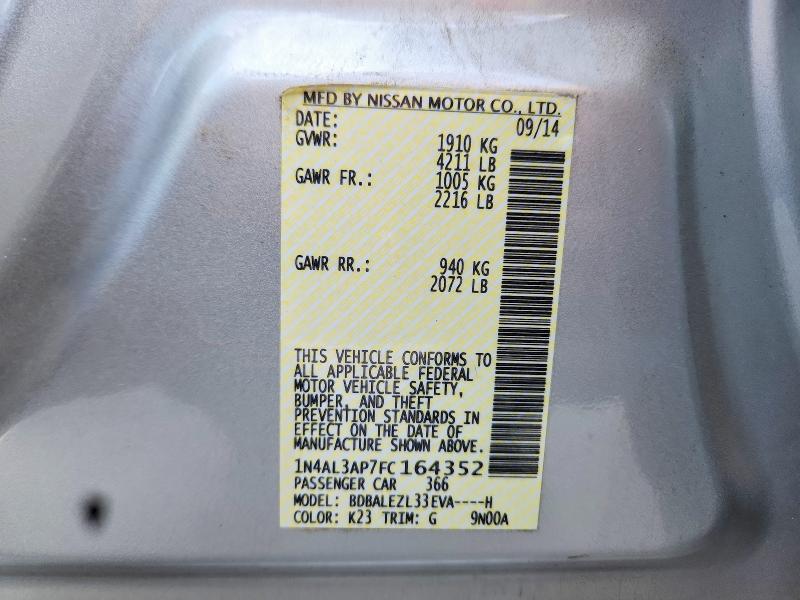 2015 Nissan Altima მანქანა იყიდება აუქციონზე, vin: 1N4AL3AP7FC164352, აუქციონის ნომერი: 58936026