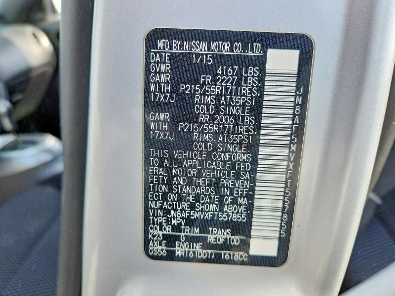 2015 Nissan Juke მანქანა იყიდება აუქციონზე, vin: JN8AF5MVXFT557855, აუქციონის ნომერი: 58332436