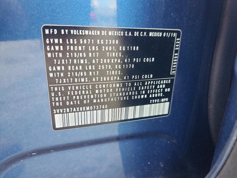 Продаж на аукціоні авто 2019 Volkswagen Tiguan, vin: 3VV2B7AX6KM073740, номер лоту: 58215106
