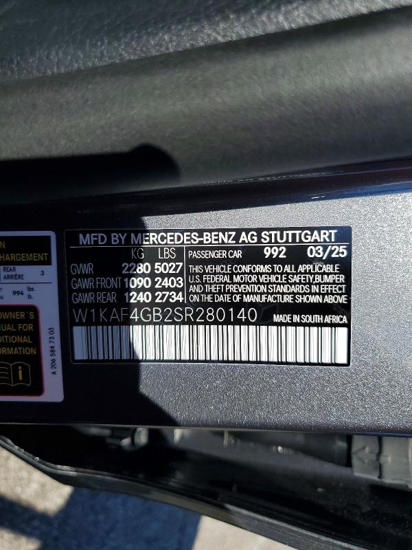 2025 Mercedes-benz C მანქანა იყიდება აუქციონზე, vin: W1KAF4GB2SR280140, აუქციონის ნომერი: 57362826