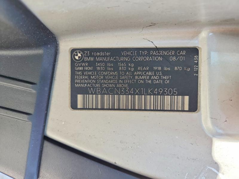 Aukcja sprzedaży 2001 Bmw Z3, vin: WBACN334X1LK49305, numer aukcji: 58583546