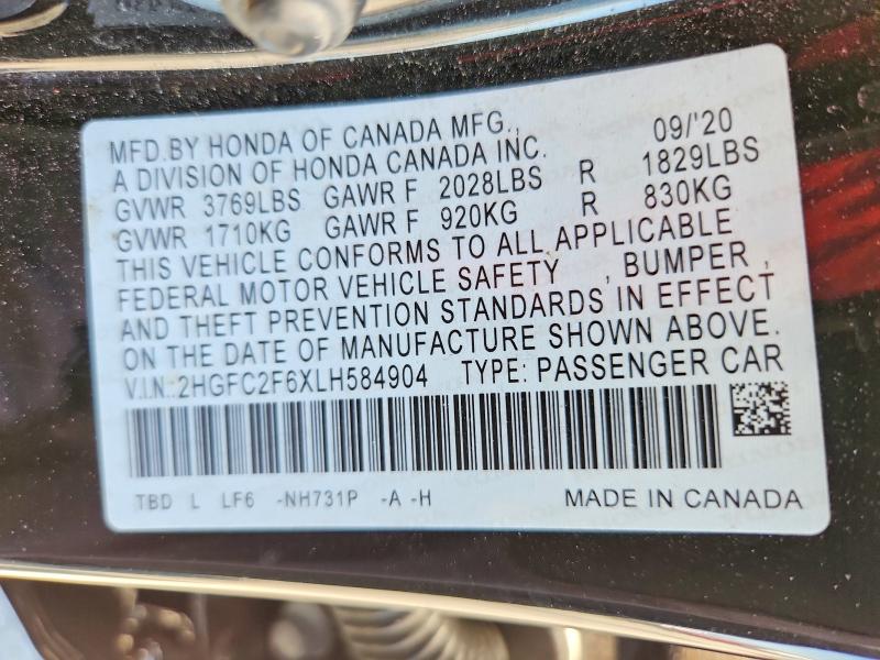 2020 Honda Civic მანქანა იყიდება აუქციონზე, vin: 2HGFC2F6XLH584904, აუქციონის ნომერი: 57273426