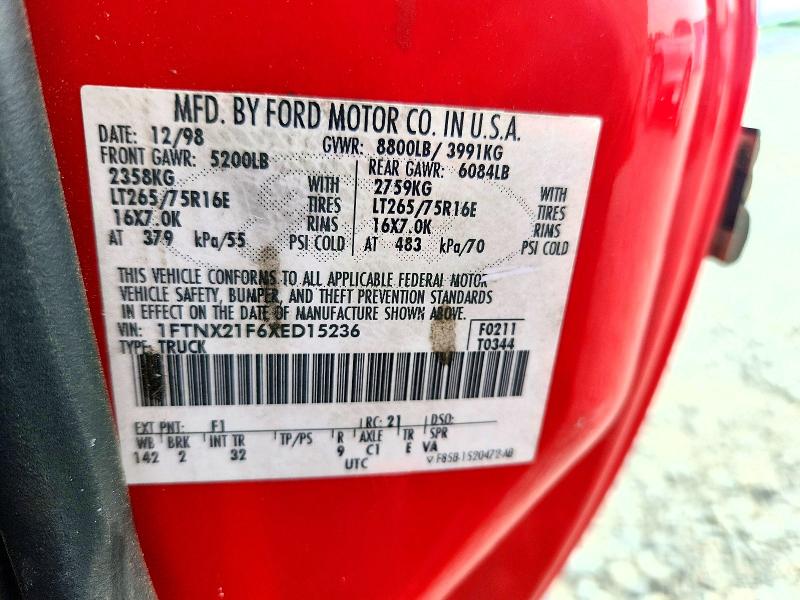 1999 Ford F250 მანქანა იყიდება აუქციონზე, vin: 1FTNX21F6XED15236, აუქციონის ნომერი: 56673346