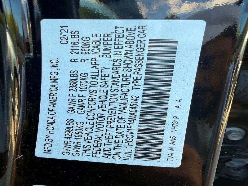 2021 Honda Accord მანქანა იყიდება აუქციონზე, vin: 1HGCV1F14MA045142, აუქციონის ნომერი: 58229136