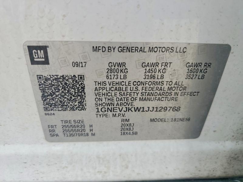 Продаж на аукціоні авто 2018 Chevrolet Traverse, vin: 1GNEVJKW1JJ129768, номер лоту: 56417726