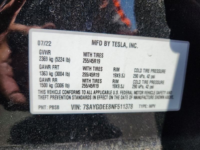 56166756 :رقم المزاد ، 7SAYGDEE8NF511378 vin ، 2022 Tesla Model Y مزاد بيع