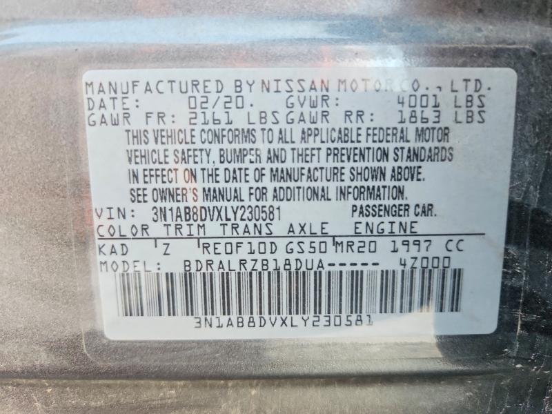 2020 Nissan Sentra მანქანა იყიდება აუქციონზე, vin: 3N1AB8DVXLY230581, აუქციონის ნომერი: 58884306