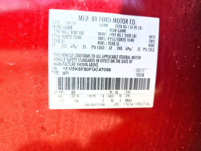 2015 Ford Explorer მანქანა იყიდება აუქციონზე, vin: 1FM5K8F80FGC47056, აუქციონის ნომერი: 55725376