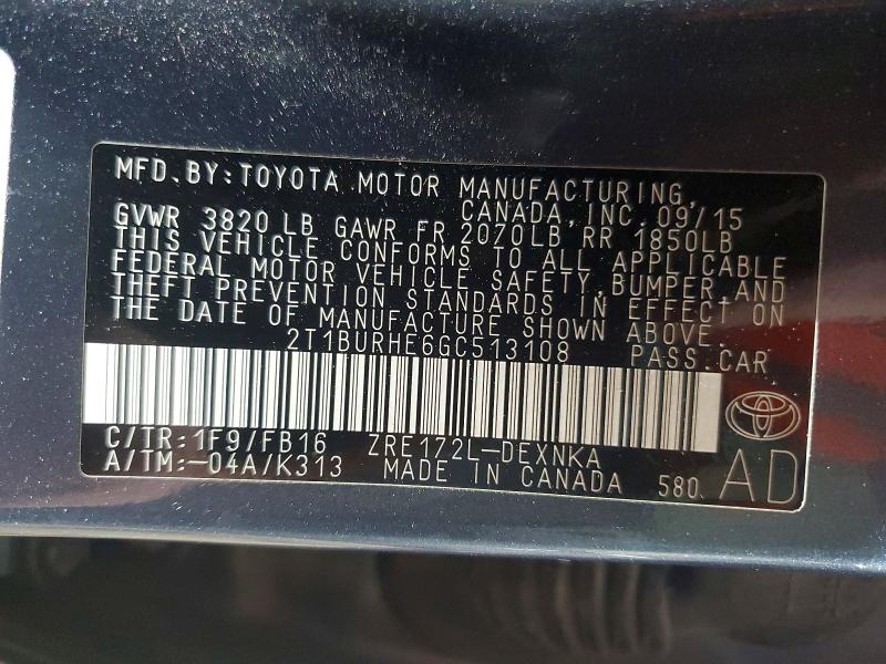 Продаж на аукціоні авто 2016 Toyota Corolla, vin: 2T1BURHE6GC513108, номер лоту: 55736246