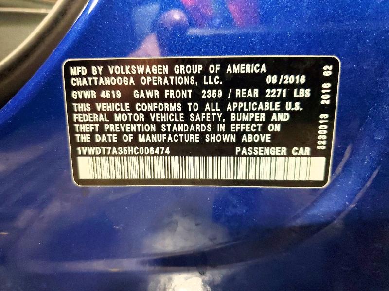 Продаж на аукціоні авто 2017 Volkswagen Pasaat, vin: 1VWDT7A35HC006474, номер лоту: 55965356