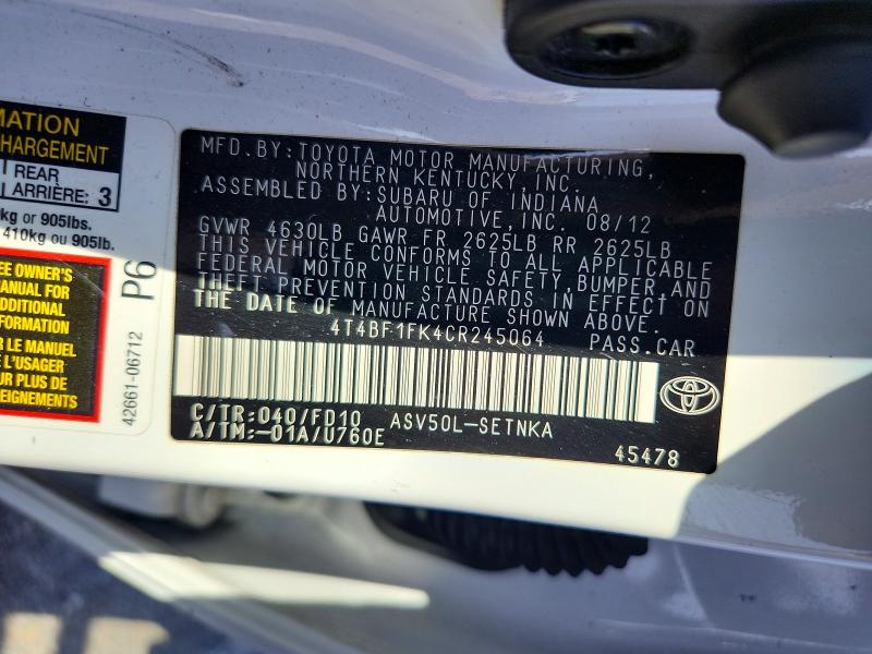 Aukcja sprzedaży 2012 Toyota Camry, vin: 4T4BF1FK4CR245064, numer aukcji: 56285886