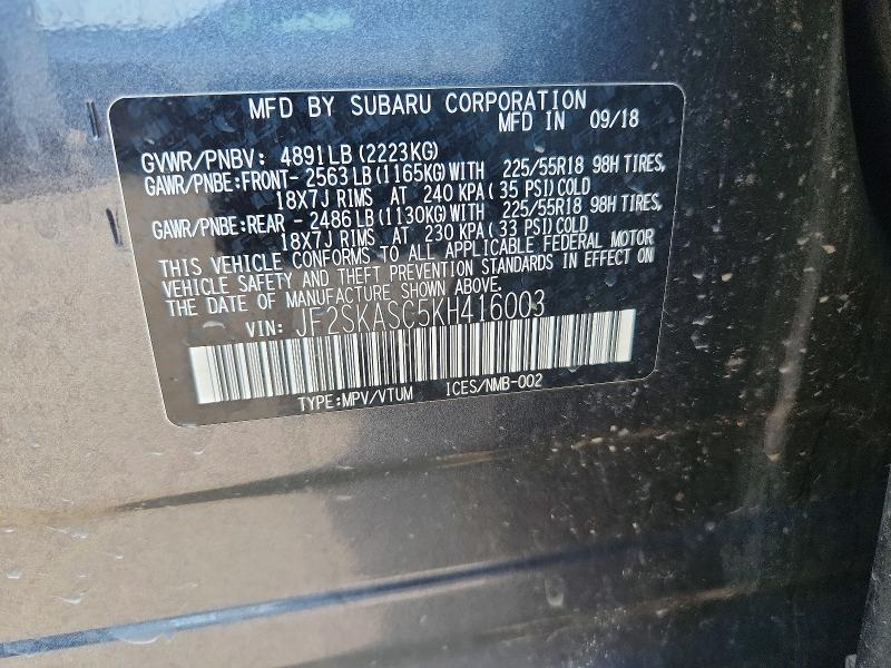 Продаж на аукціоні авто 2019 Subaru Forester, vin: JF2SKASC5KH416003, номер лоту: 58401006