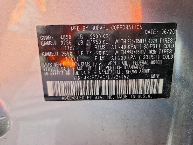 57871746 :رقم المزاد ، 4S4BTAAC5L3224152 vin ، 2020 Subaru Outback مزاد بيع