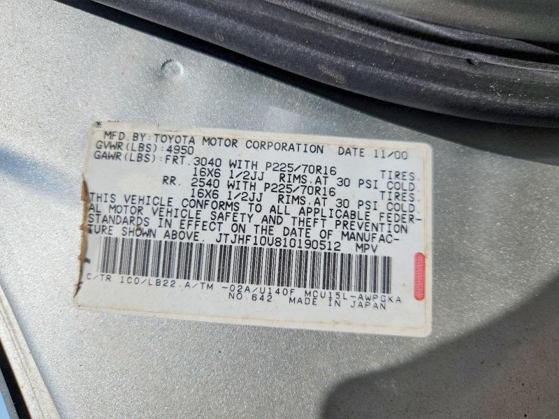 57030406 :رقم المزاد ، JTJHF10U810190512 vin ، 2001 Lexus Rx مزاد بيع