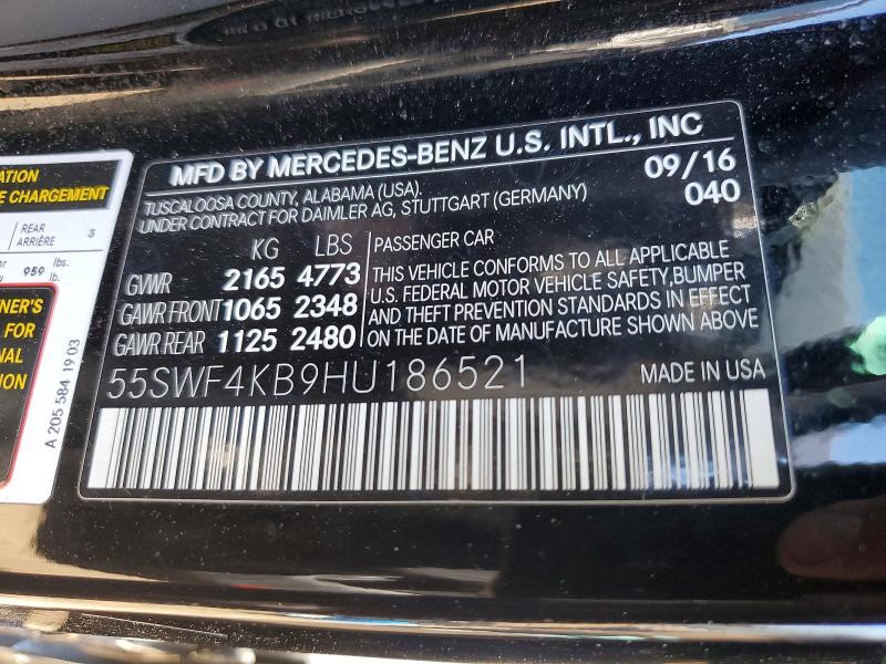 55845356 :رقم المزاد ، 55SWF4KB9HU186521 vin ، 2017 Mercedes-benz C مزاد بيع