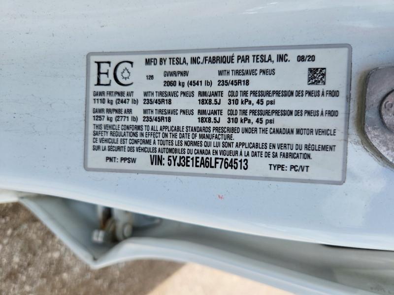 2020 Tesla Model 3 მანქანა იყიდება აუქციონზე, vin: 5YJ3E1EA6LF764513, აუქციონის ნომერი: 57196576