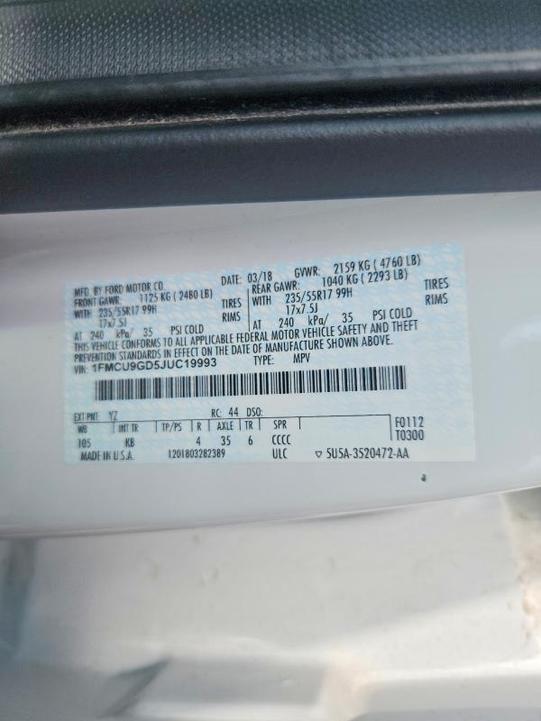 2018 Ford Escape მანქანა იყიდება აუქციონზე, vin: 1FMCU9GD5JUC19993, აუქციონის ნომერი: 56660206
