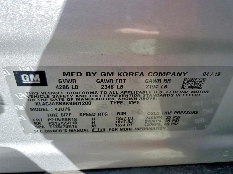 2019 Buick Encore მანქანა იყიდება აუქციონზე, vin: KL4CJASB8KB901200, აუქციონის ნომერი: 55966946