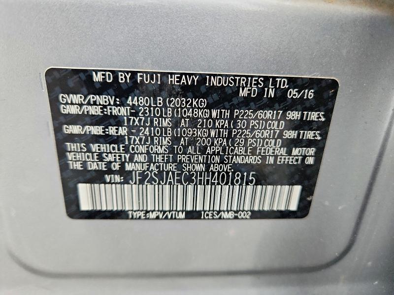 2017 Subaru Forester მანქანა იყიდება აუქციონზე, vin: JF2SJAEC3HH401815, აუქციონის ნომერი: 57890176