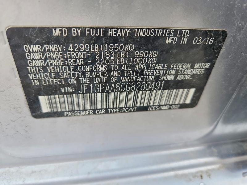 2016 Subaru Impreza მანქანა იყიდება აუქციონზე, vin: JF1GPAA60G8280491, აუქციონის ნომერი: 57520836