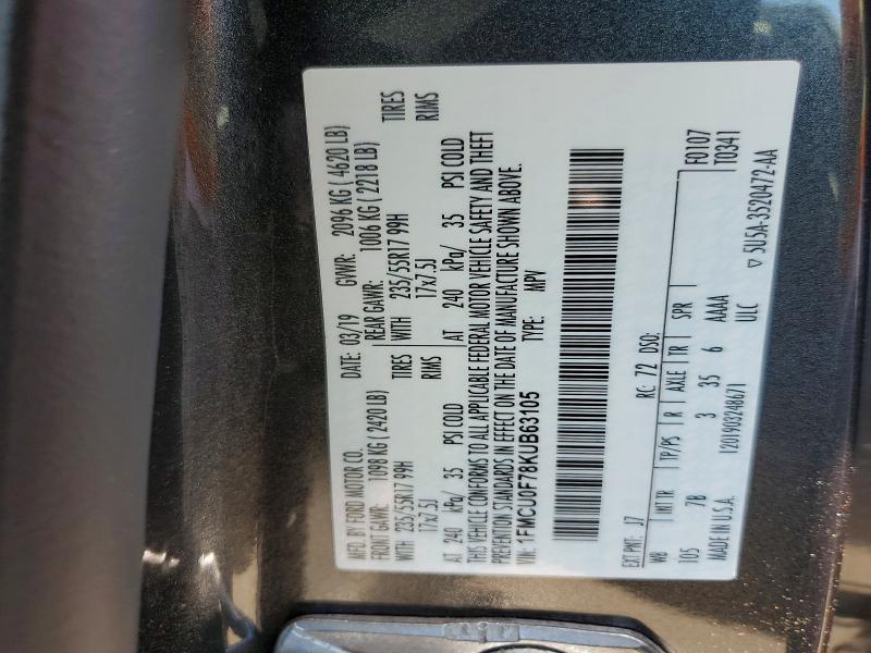 Продажа на аукционе авто 2019 Ford Escape, vin: 1FMCU0F78KUB63105, номер лота: 56821046