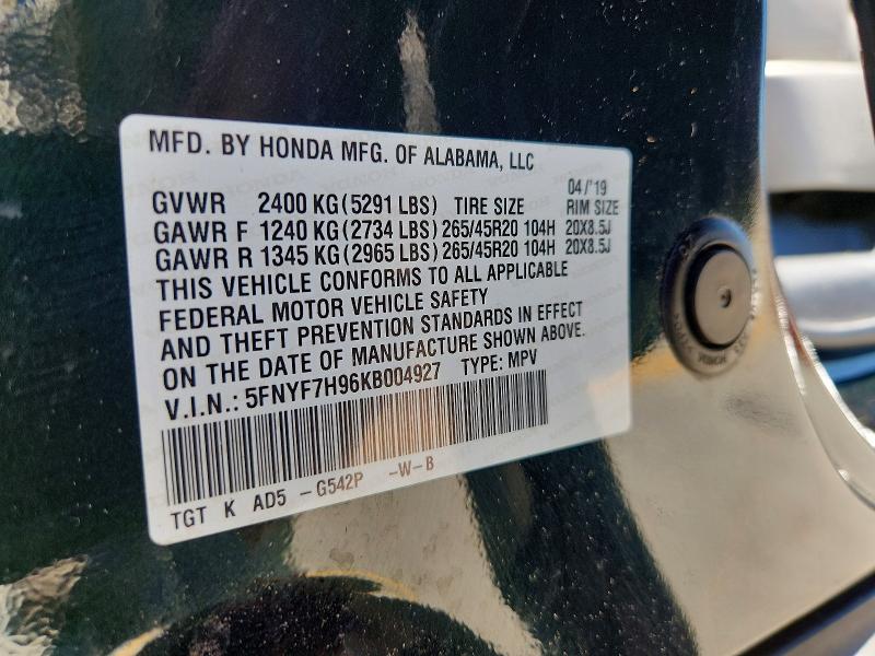 2019 Honda Passport მანქანა იყიდება აუქციონზე, vin: 5FNYF7H96KB004927, აუქციონის ნომერი: 54149816