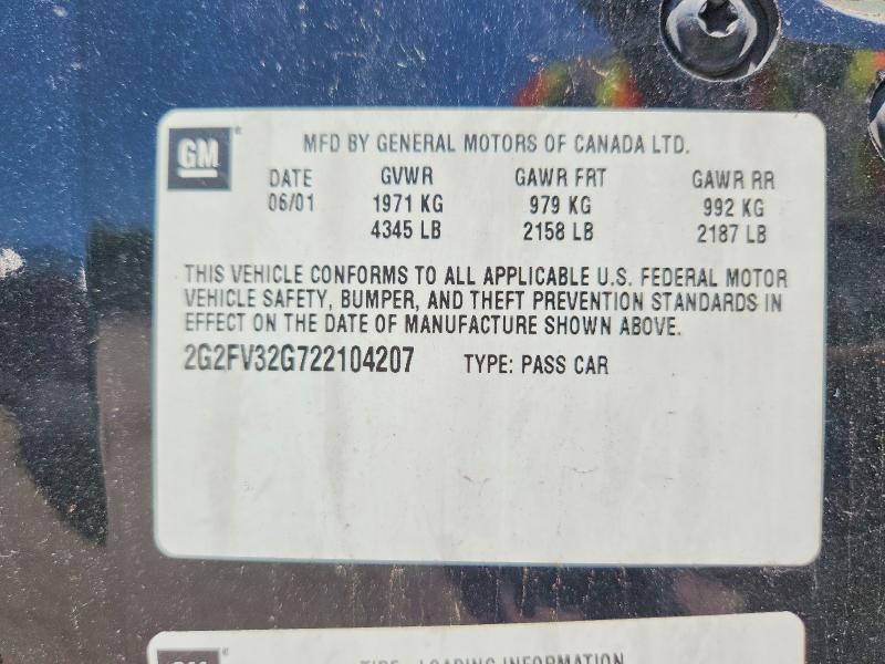 Aukcja sprzedaży 2002 Pontiac Firebird, vin: 2G2FV32G722104207, numer aukcji: 57417706