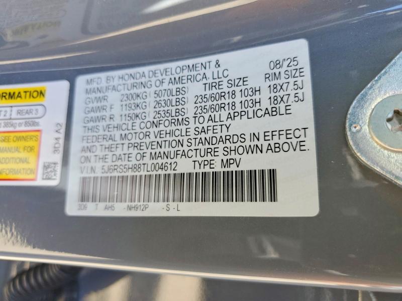 2026 Honda Cr-v მანქანა იყიდება აუქციონზე, vin: 5J6RS5H88TL004612, აუქციონის ნომერი: 57537866