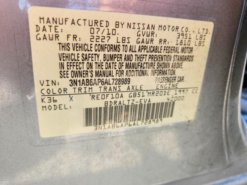 2010 Nissan Sentra მანქანა იყიდება აუქციონზე, vin: 3N1AB6AP6AL728989, აუქციონის ნომერი: 57330546
