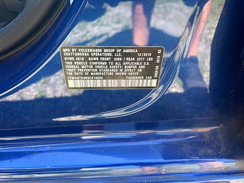 2016 Volkswagen Passat მანქანა იყიდება აუქციონზე, vin: 1VWAS7A38GC019000, აუქციონის ნომერი: 56265206