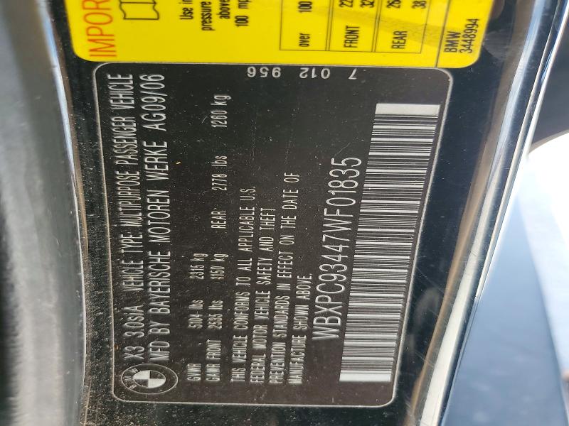2007 Bmw X3 მანქანა იყიდება აუქციონზე, vin: WBXPC93447WF01835, აუქციონის ნომერი: 57657896